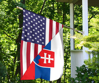 Outdoor flag with US stars and stripes on one side and Slovakia emblem on the other