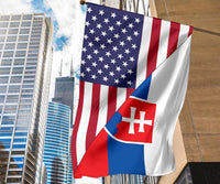 US and Slovakia flags house flag with stars, stripes, and Slovakia red-and-blue shield