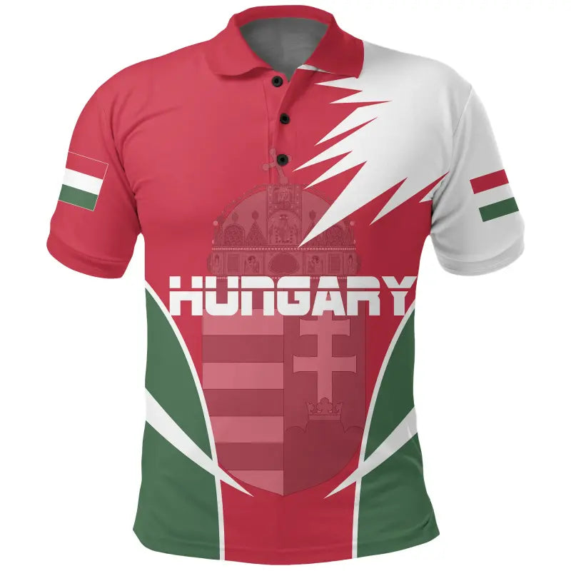 Red and green Hungary polo shirt with white side panels and bold front crest graphic