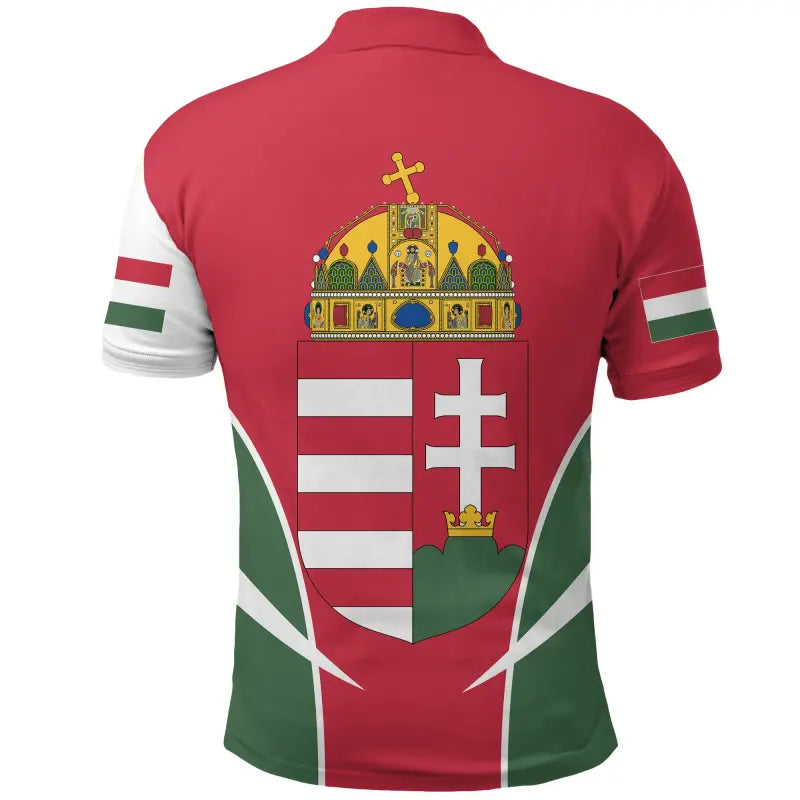 Back view red Hungary polo shirt with coat of arms, stripe design, and white side panels