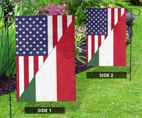 Two yard flags displayed side by side: US stars and stripes with Hungary red-white-green diagonal