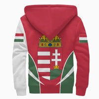 Back view multicolor sherpa hoodie, red outer with white/green accents and crown crest