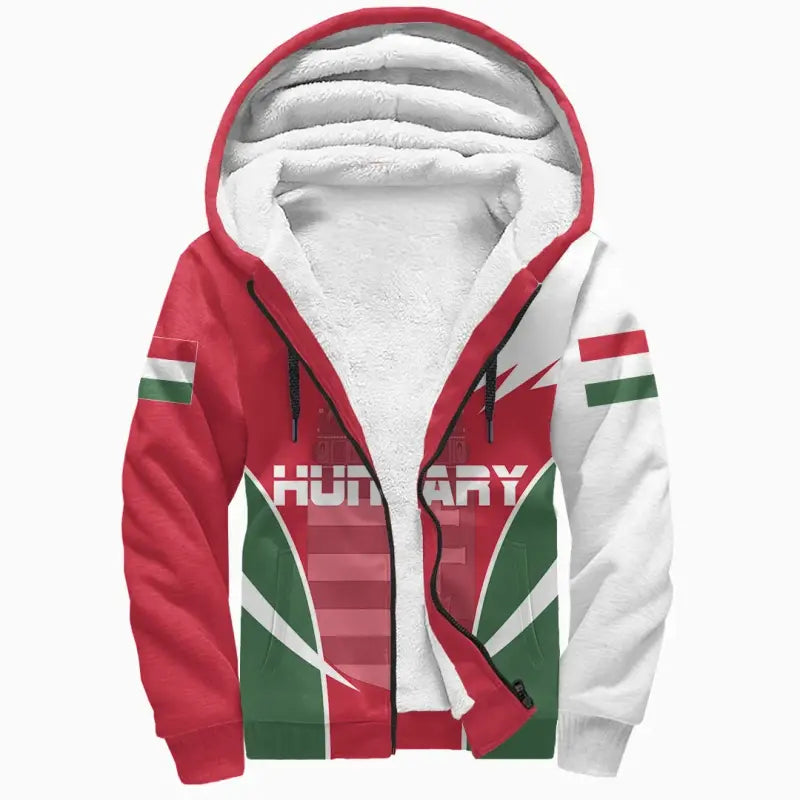Multicolor Sherpa hoodie with zip front, red hood lining, and Hungary-style emblem print