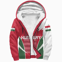 Multicolor Sherpa hoodie with zip front, red hood lining, and Hungary-style emblem print