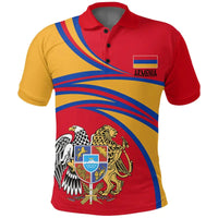 Armenia polo shirt with red, yellow, blue swirl stripes and Armenia crest on chest
