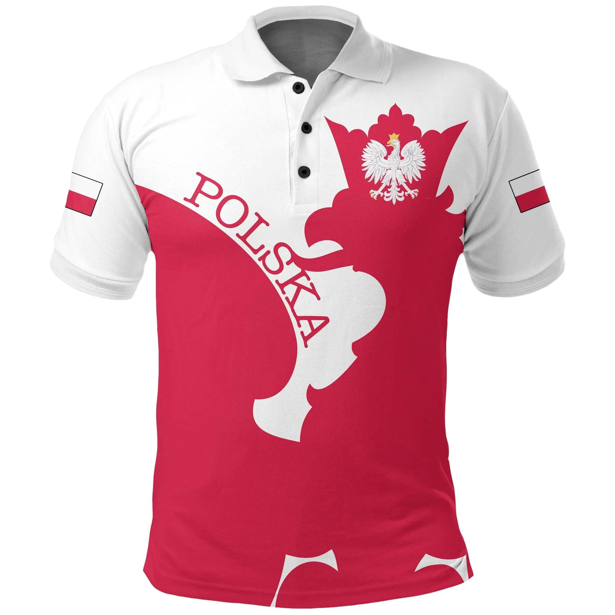 White polo shirt with red POLSKA eagle graphic and black-button collar placket