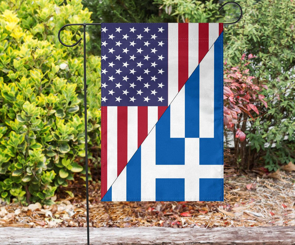 US and Greece split flags garden flag on yard pole