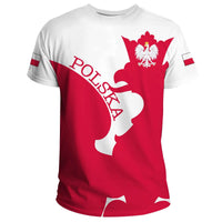 Poland flag graphic T-shirt, red/white front eagle and Poland text