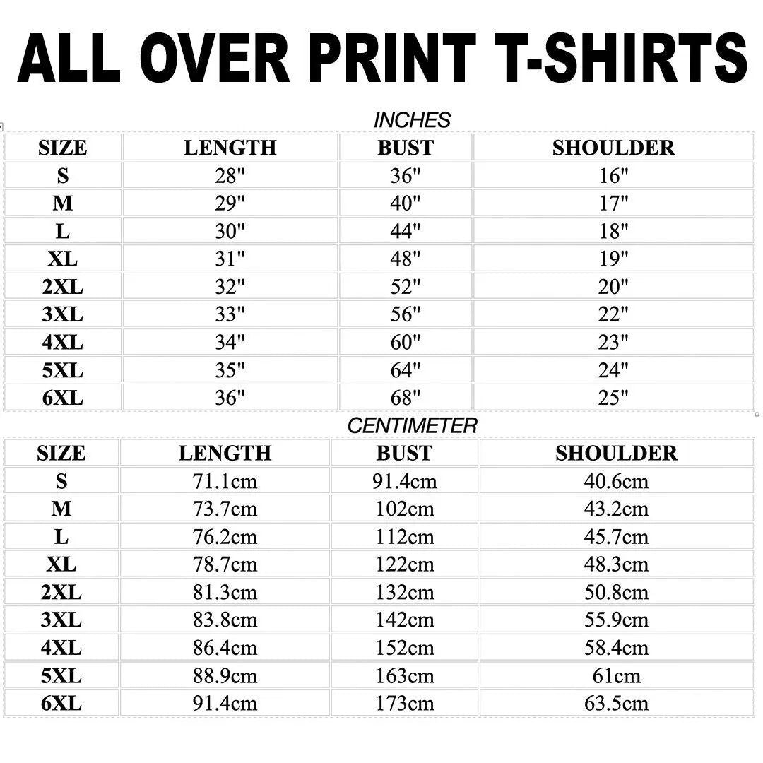 All-over print T-shirt size chart with length, bust, shoulder (inches & cm)