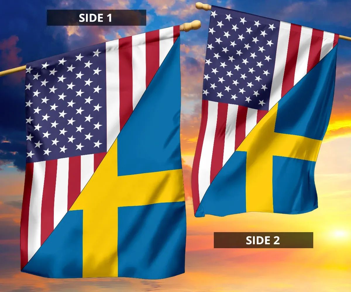 US and Sweden double-sided flags shown together: SIDE 1 and SIDE 2 panels