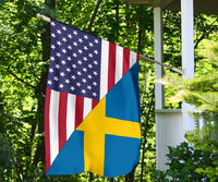 Outdoor hanging flag featuring US stars and red stripes with Sweden blue and yellow cross