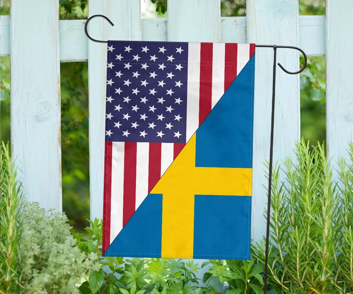 House or garden flag featuring US flag stars and stripes with Sweden yellow cross