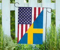 House or garden flag featuring US flag stars and stripes with Sweden yellow cross
