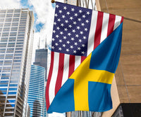 Flag showing US star field and red stripes with Sweden blue cross and yellow cross bar