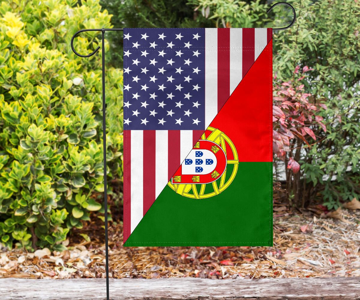 US and Portugal garden flag with stars and diagonal crest in green and red