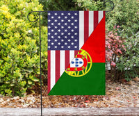 US and Portugal garden flag with stars and diagonal crest in green and red