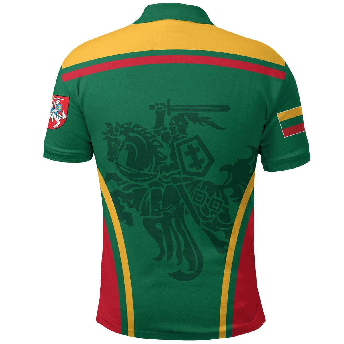 Back view polo shirt, green with yellow shoulders, red stripes, large all-over warrior print