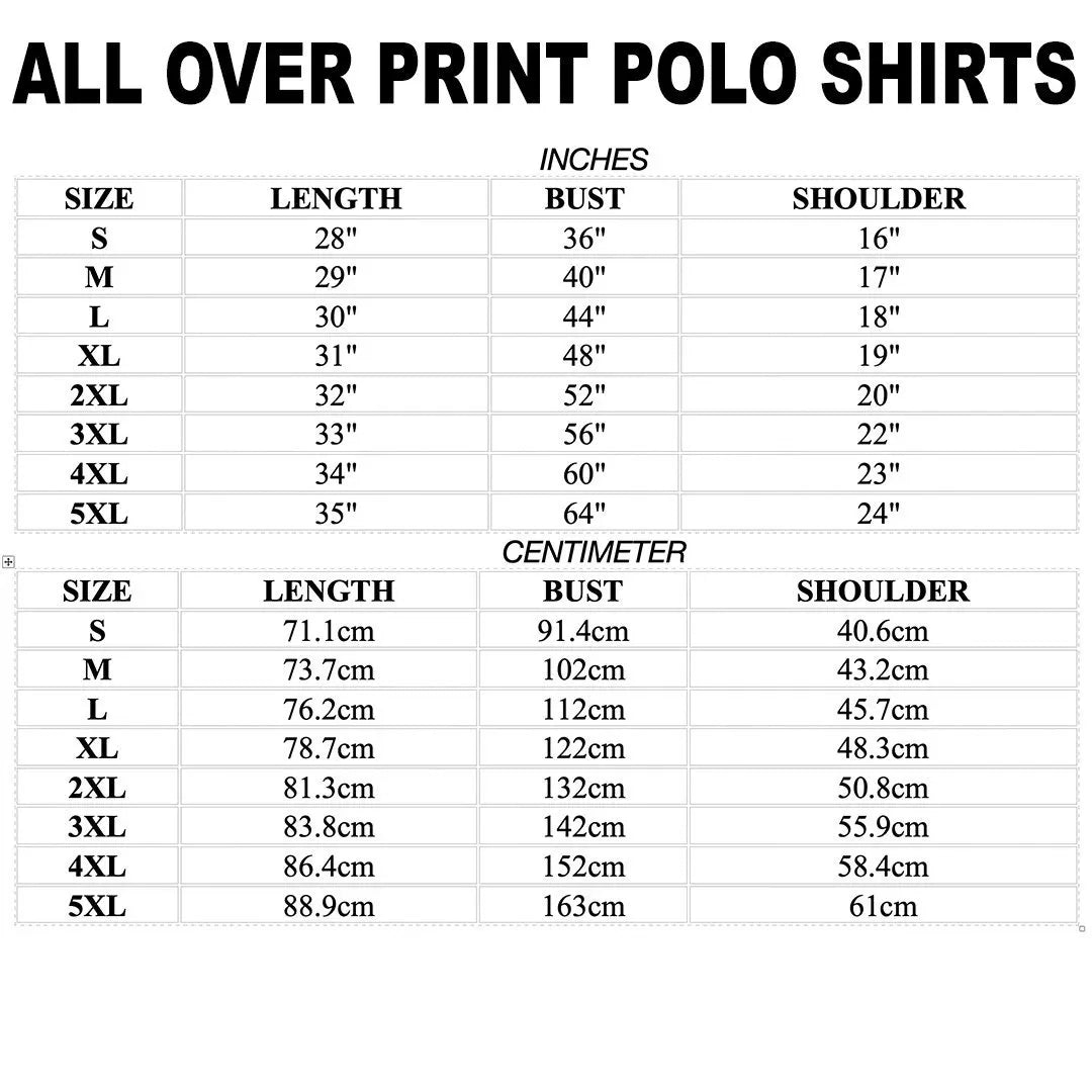Size chart for all-over print polo shirts: inches and centimeters measurements table