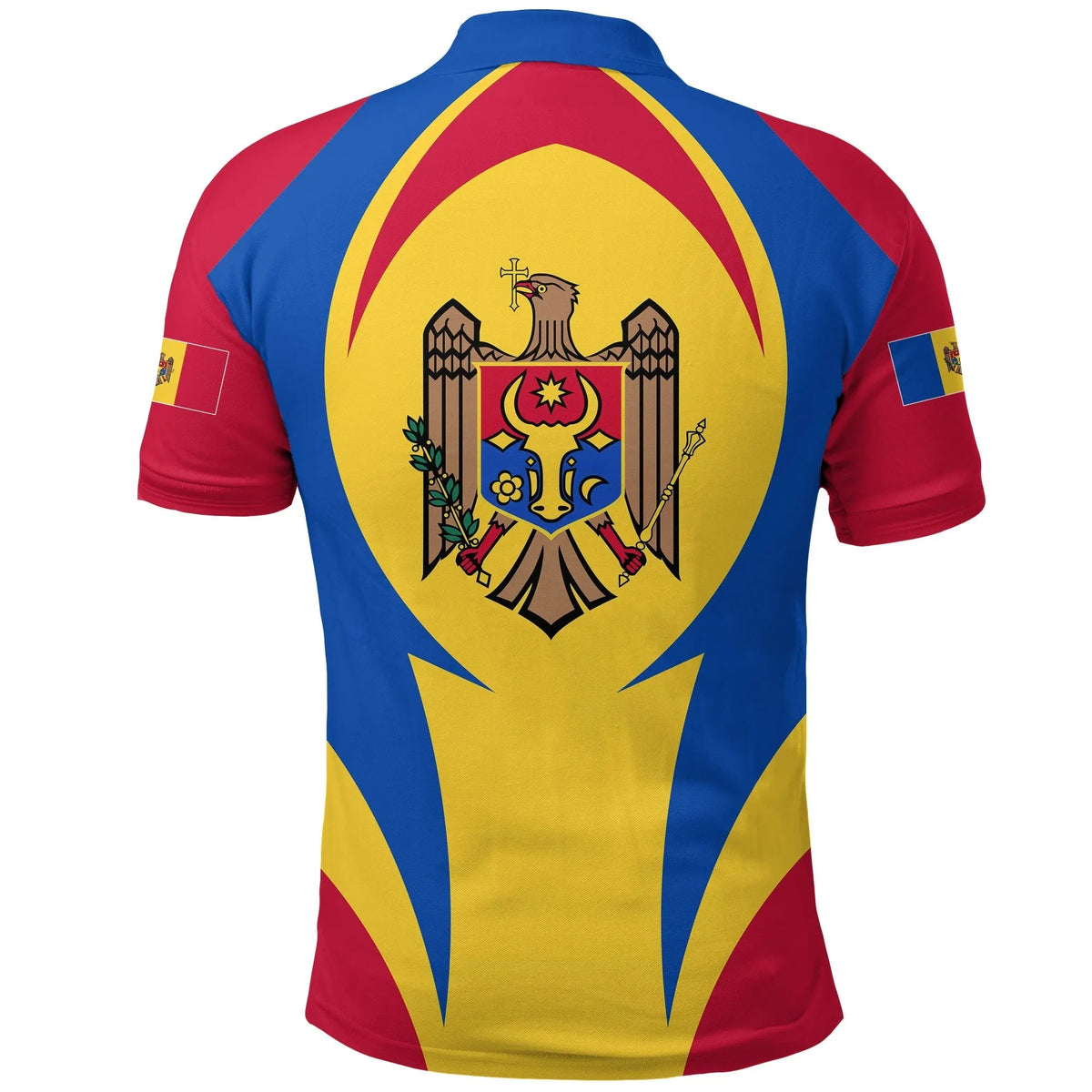 All-over Moldova action flag polo shirt, short sleeves, back graphic with crest