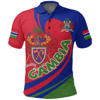 Gambia polo shirt in red/blue/green with front crest graphic and striped trim