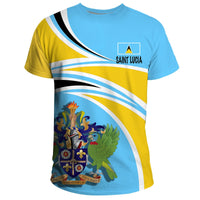 Saint Lucia T-shirt with light blue and yellow flag-style diagonal stripes and crest graphic