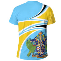 Saint Lucia T-shirt in light blue and yellow with diagonal stripes and large crest/bird artwork