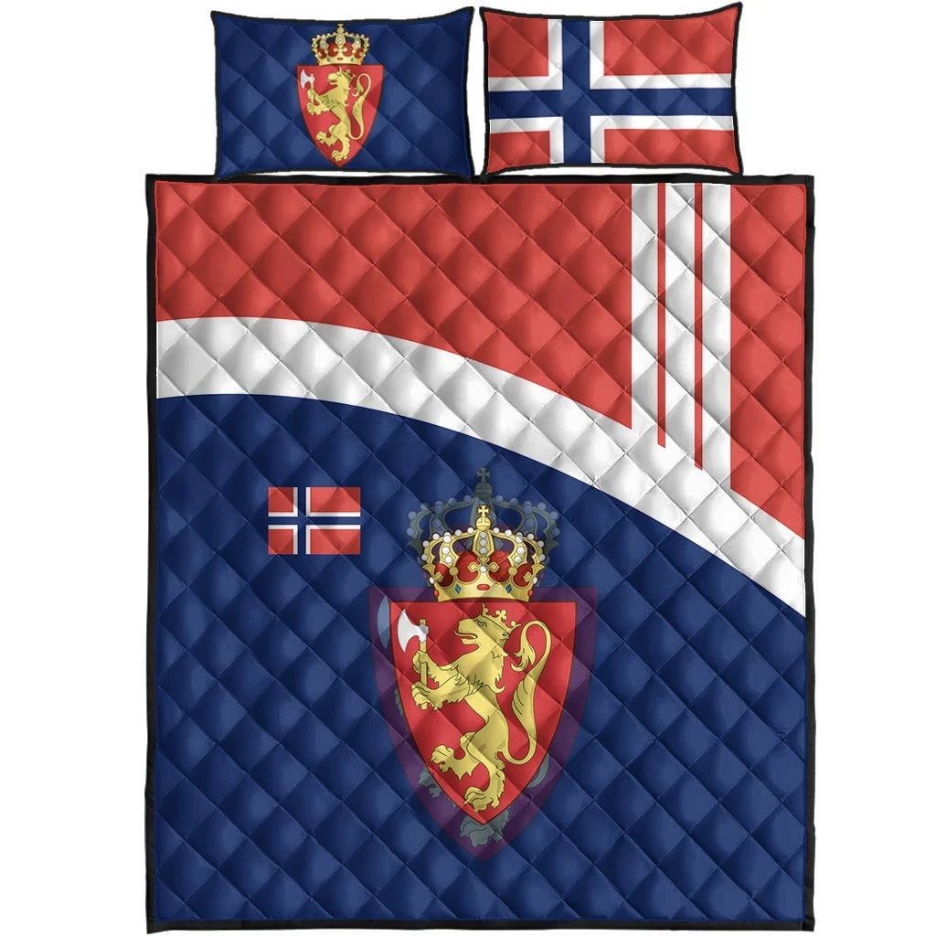 Quilt and two pillowcases set: blue, red, white Norway crest and cross flag print