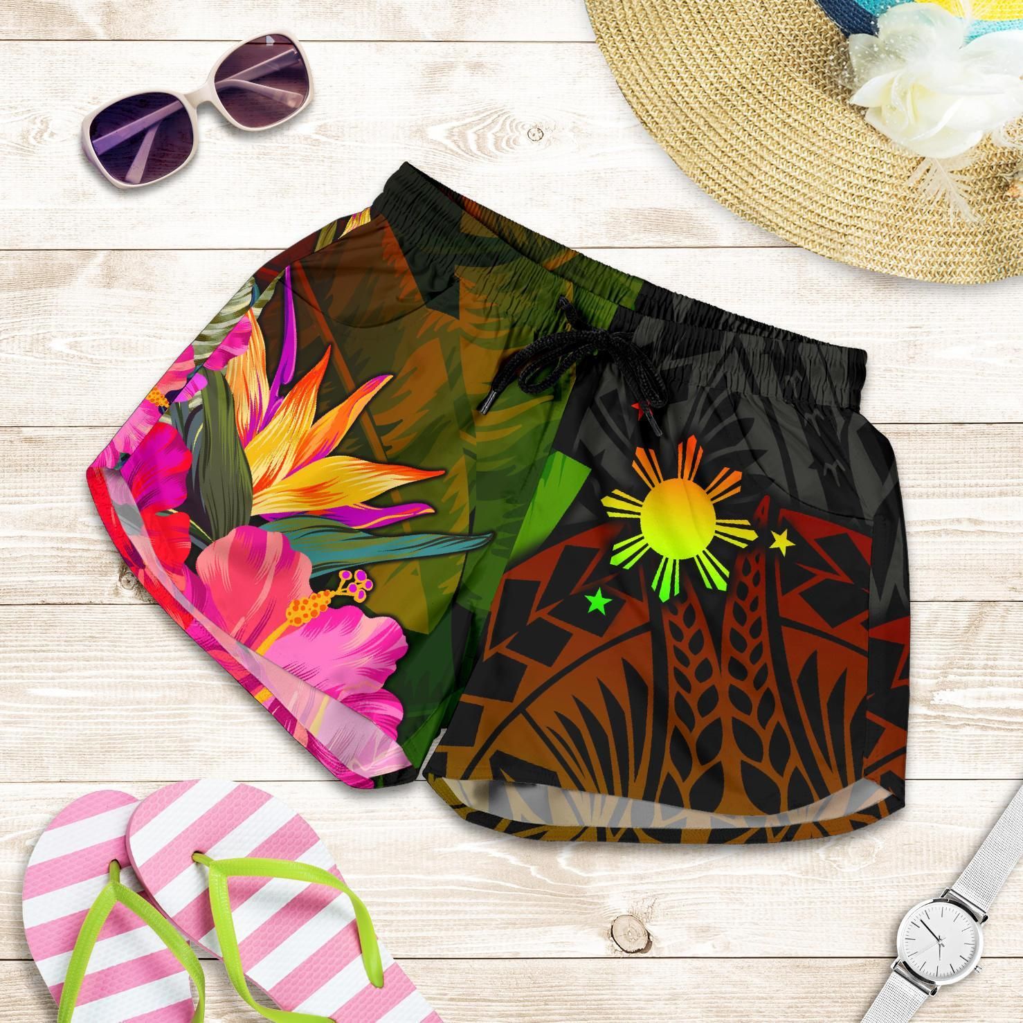 the-philippines-polynesian-womens-shorts-hibiscus-and-banana-leaves