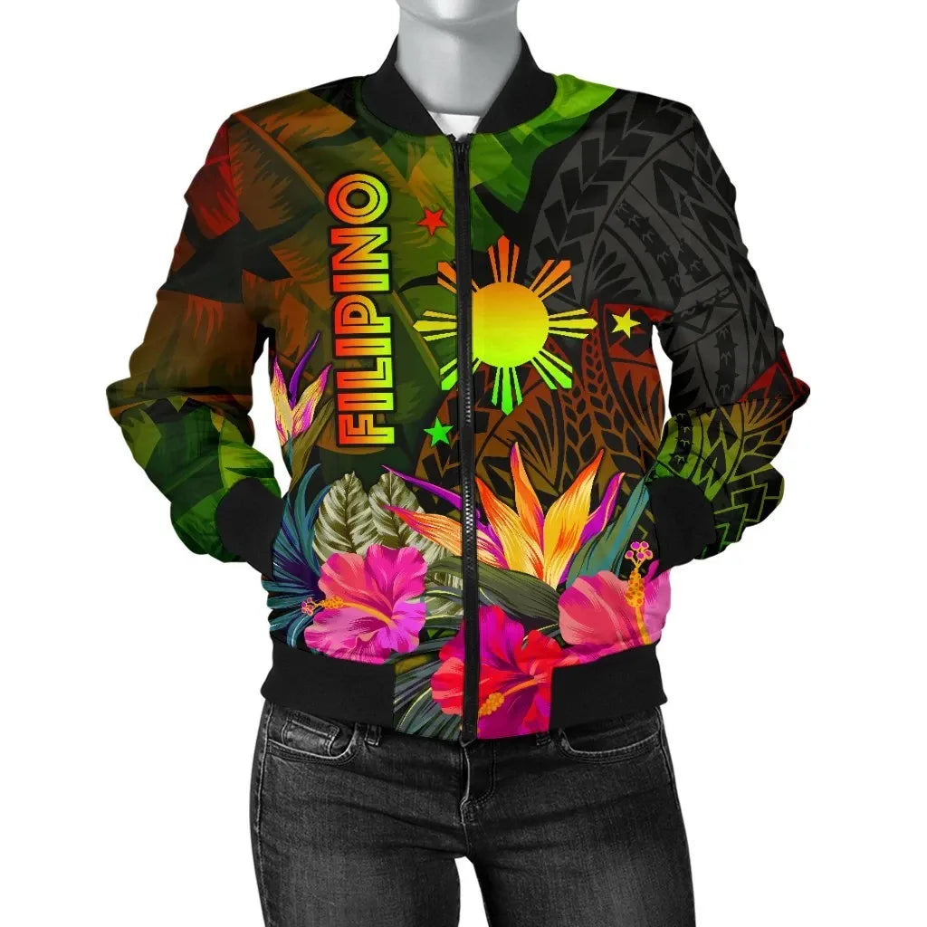 The Philippines Polynesian Women's Bomber Jacket Hibiscus and Banana Leaves RLT6 - Wonder Print Shop