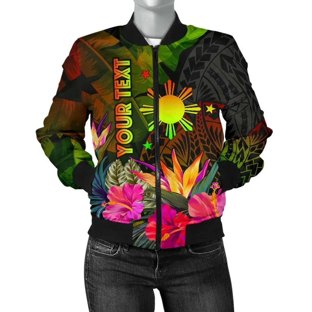 The Philippines Polynesian Personalised Women's Bomber Jacket Hibiscus and Banana Leaves RLT6 - Wonder Print Shop