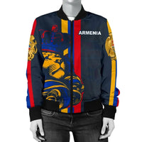 Bomberjacke mit Reißverschluss, dunkler Marineblau-Schwarz, Löwen-Print und Armenia-Aufnäher