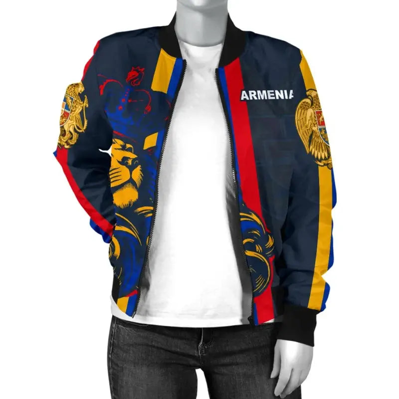 Bomberjacke mit Reißverschluss und Löwenmotiv, farbige Schulter- und Mittelstreifen, schwarze Ärmelbündchen