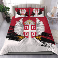 Duvet cover with Serbian flag-style shield, white feathers, and red lower stripe