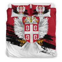 Red, white, and black Serbia eagle bedding set with crest and shield on duvet