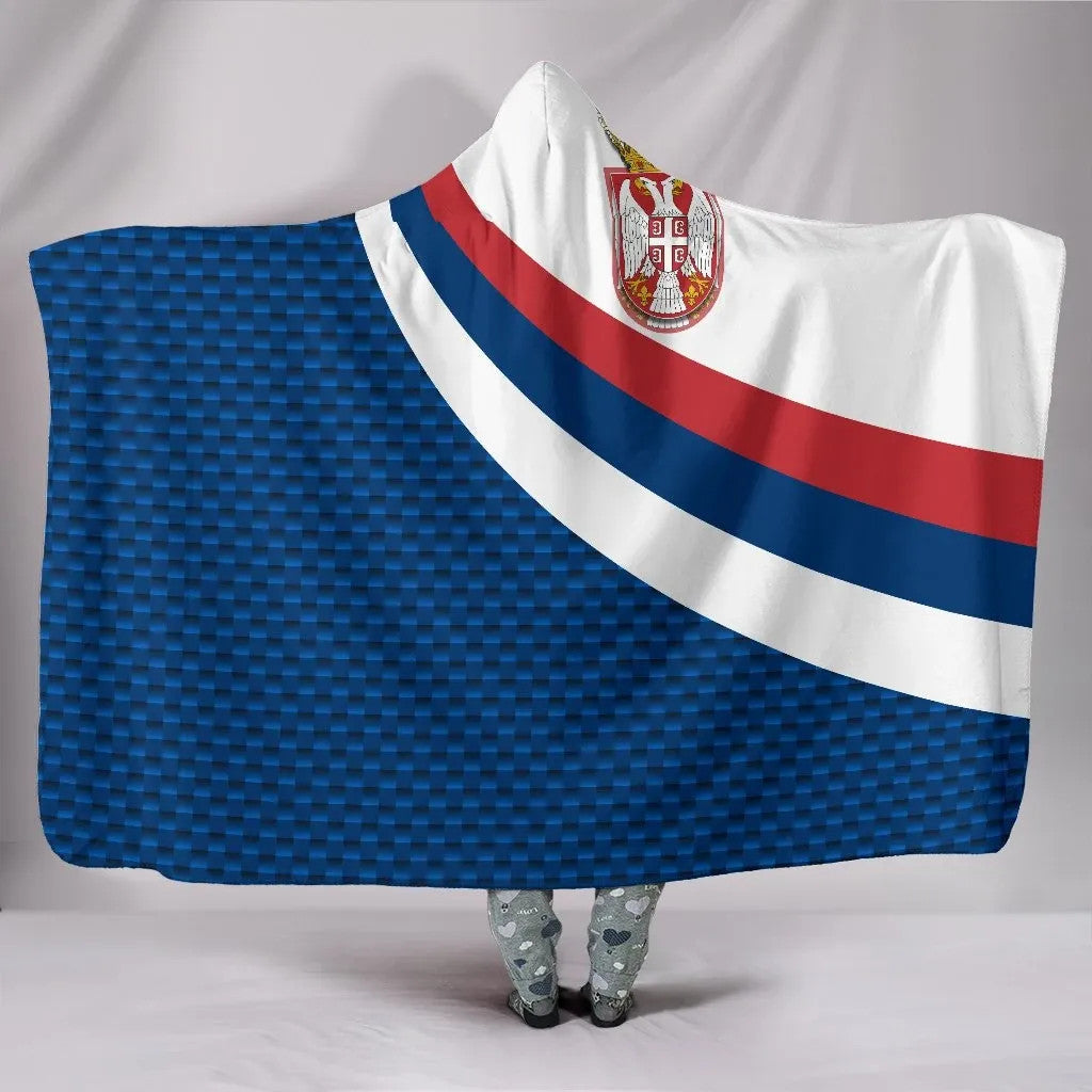 Blue hooded blanket with Serbia flag design, red and white stripes and crest