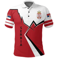 Red, white and black Serbia polo shirt with crest, lightning graphic, and vertical “SERBIA” text