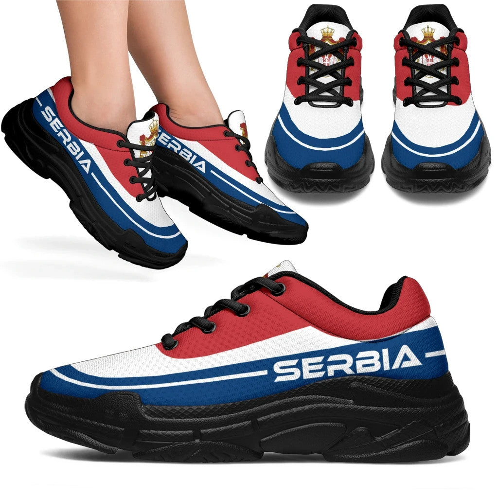 Chunky sneakers, red white and blue panels, black laces, black sole, “SERBIA” stripe
