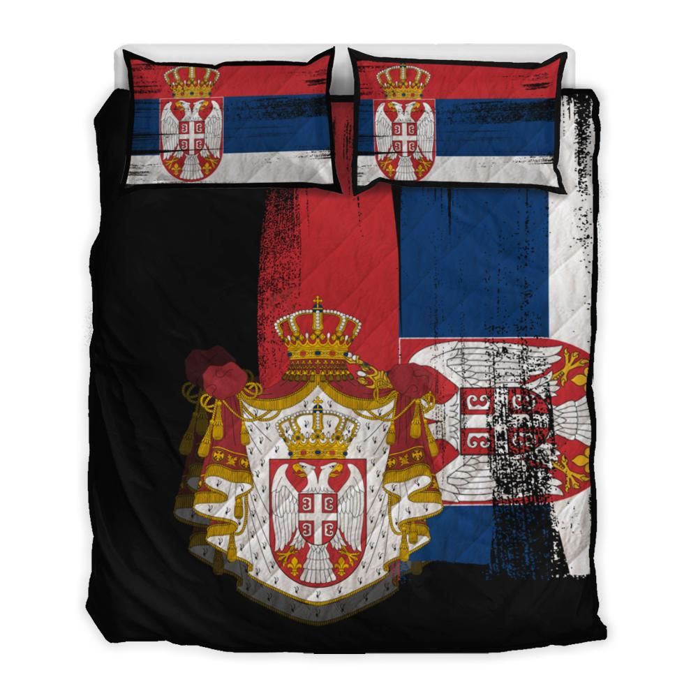 Serbia flag quilt bed set: quilted black comforter with red/blue/white coat-of-arms