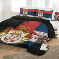 Serbia flag quilt bed set on bed, black quilted top with red, blue, white flag panels