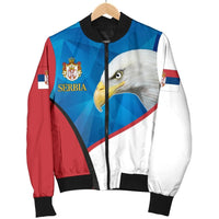 Serbia bomber jacket on hanger, zip front with eagle artwork, red/blue/white contrast