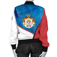 Back view bomber jacket with Serbia crest, geometric blue, red and white, black trim