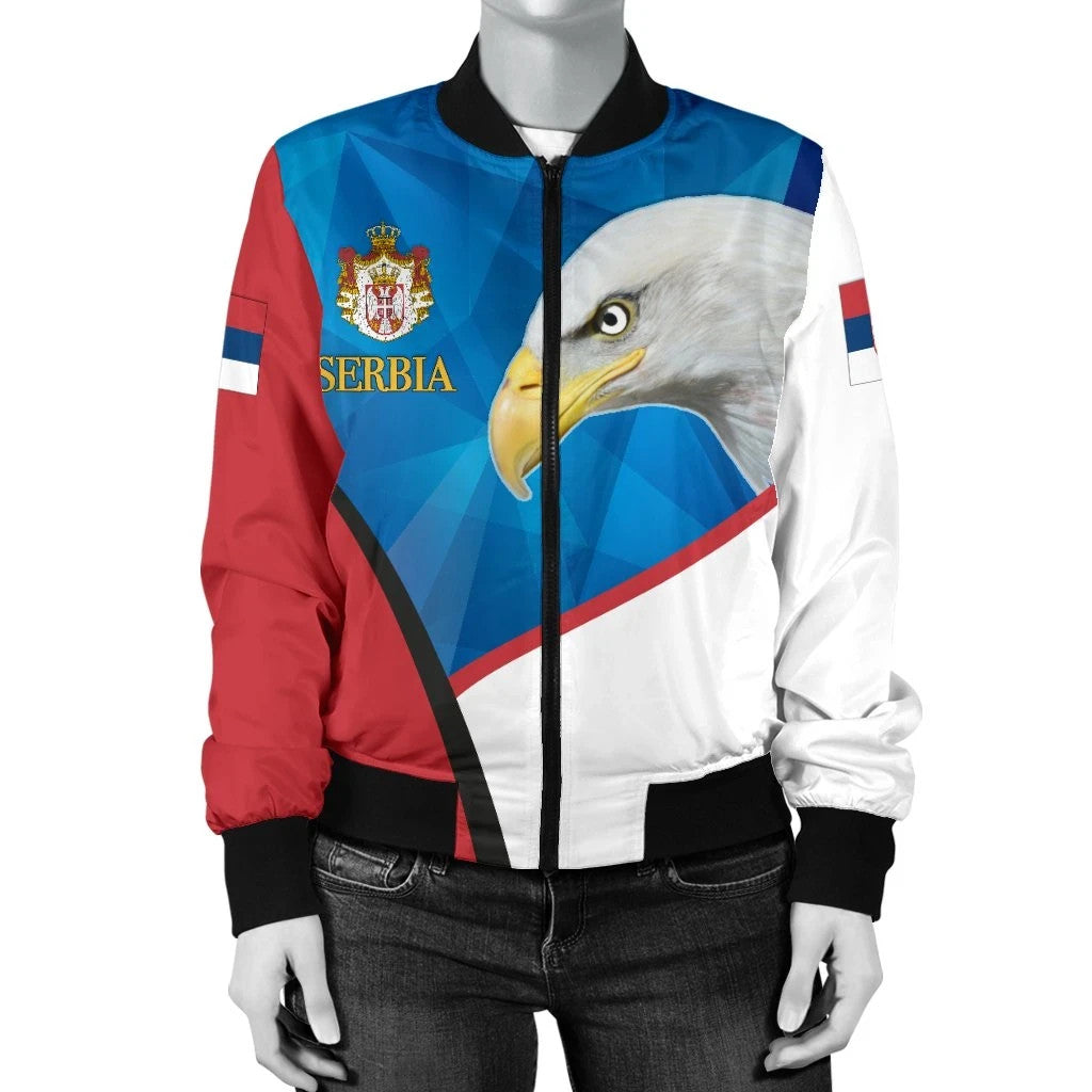 Serbia eagle bomber jacket with black ribbed hem and cuffs, full zip, red/blue/white