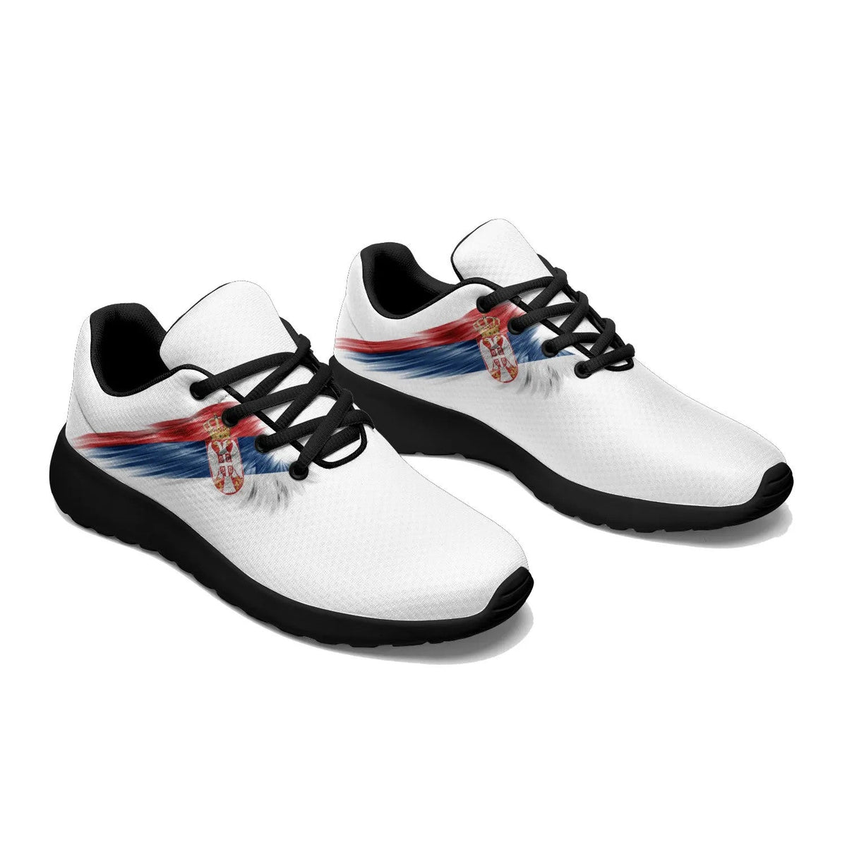 White lace-up sneakers with Serbia flag wing print and black rubber sole