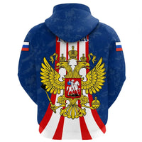Back view of blue pullover hoodie with Russian eagle crest graphic and red-white stripes
