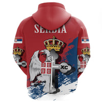 Red pullover hoodie back view with 'SRBIJA' text and Serbian eagle cross emblem