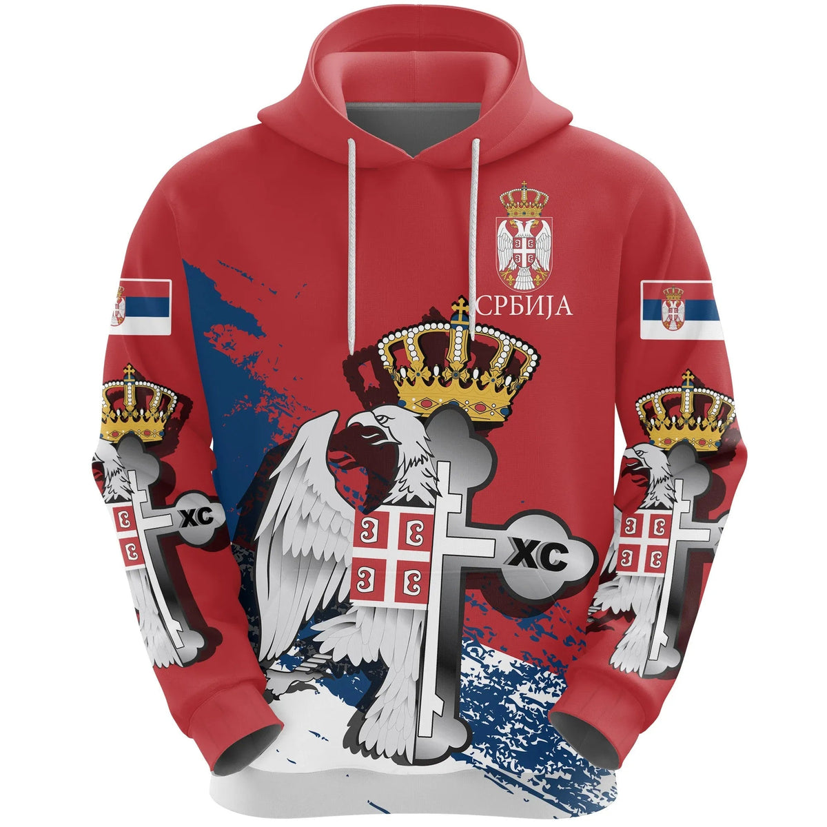 Red pullover hoodie with Serbian eagle and Orthodox cross graphic on front
