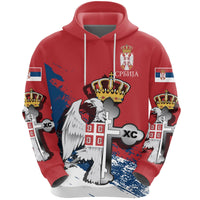 Red pullover hoodie with Serbian eagle and Orthodox cross graphic on front