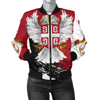 Red bomber jacket with Serbian crest, white wings graphic, gold details and black zipper