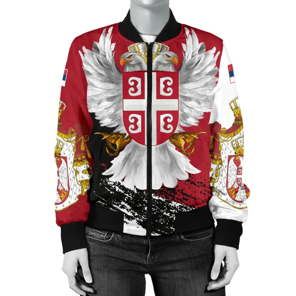 Red bomber jacket front view with Serbian shield, white wings, patterned sleeve panels