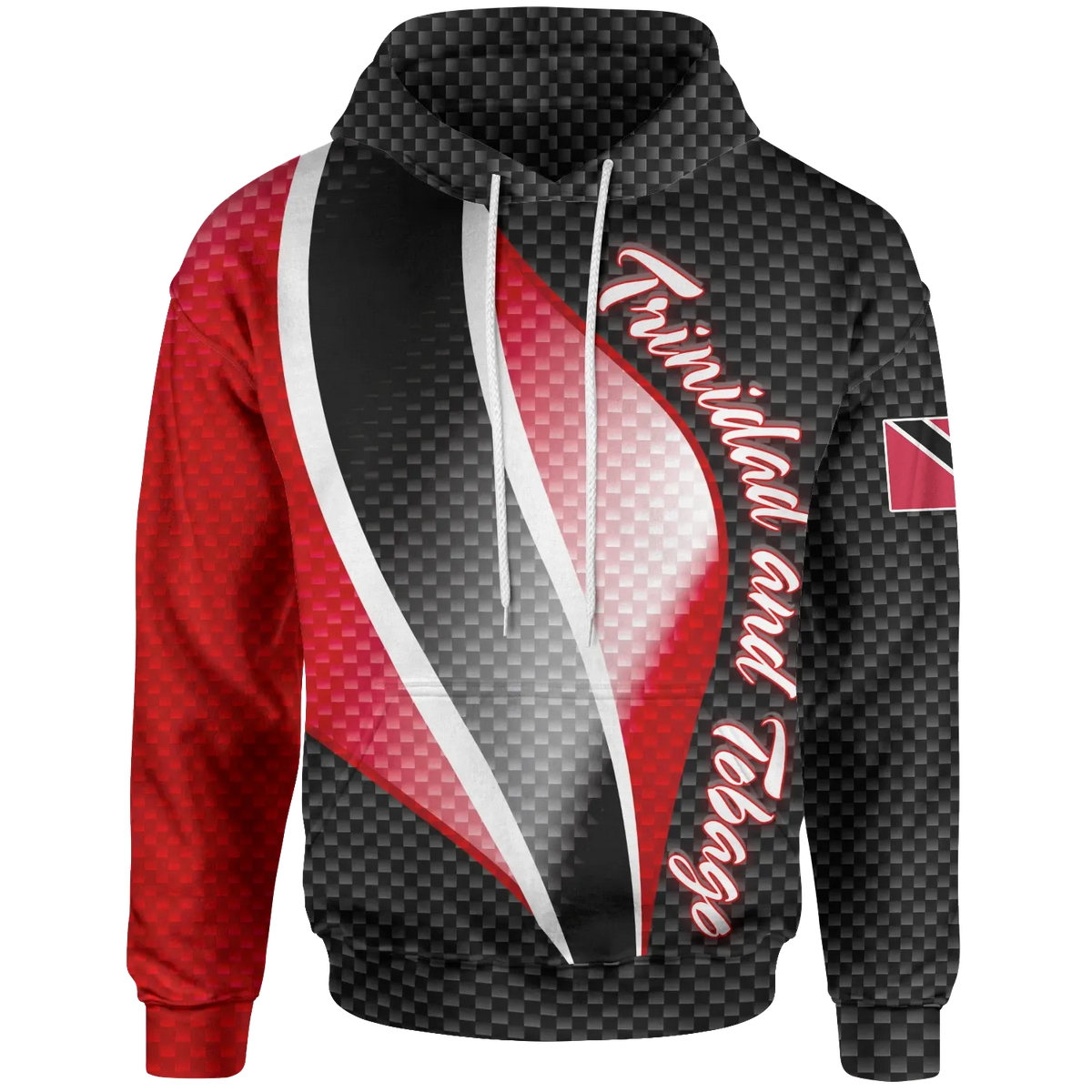 Pullover hoodie: Trinidad & Tobago flag heart graphic, black/red checker print